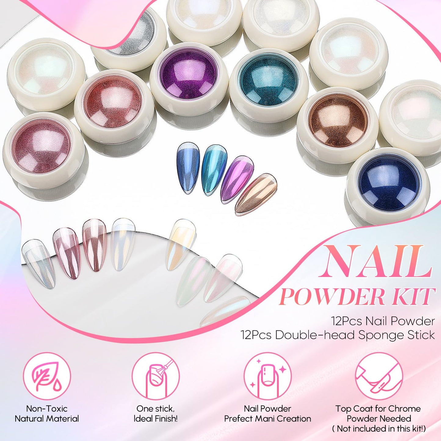 AIMEILI Pearl Nail Powder, Vegan, Cruelty Free, 12 Colors Chrome Aurora Metallic Holographic Mirror Effect Nail Art Pigment Irid