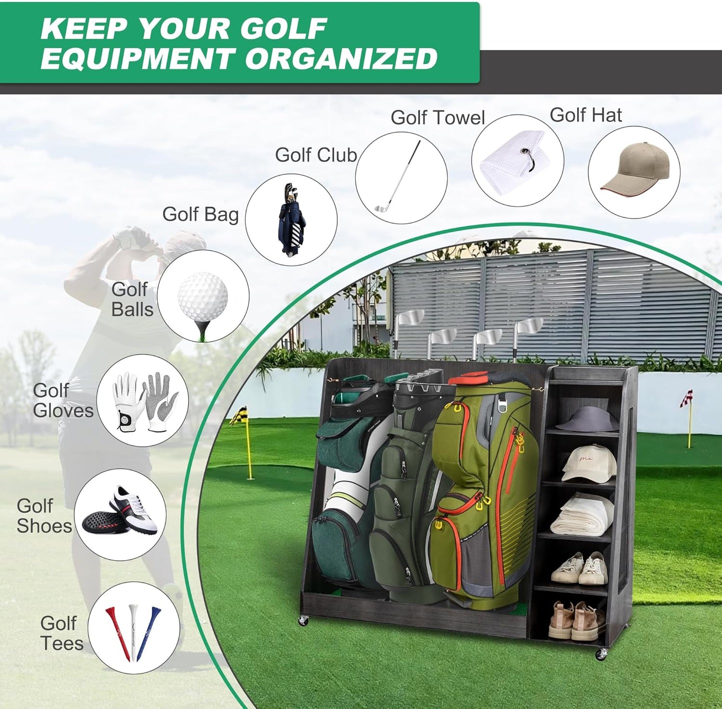 Golf Bag Organizer Storage Rack Stand Holder Fits 2 Extra Large Golf Club Bags and Multiple Golfing Equipment Accessories for Garage Home Simulator and Office