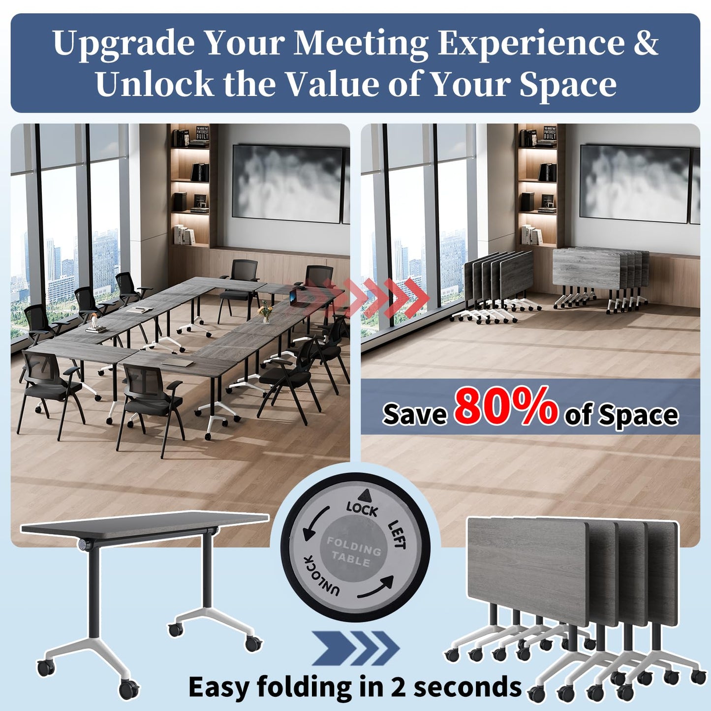Modular Folding Conference Table with Wheels,4 Pack Mobile Conference Room Tables,Filp Top Rolling Meeting Training Tables for Office,Classroom,Library,Seminar,Boardroom,school(4pack,Grey,47in)