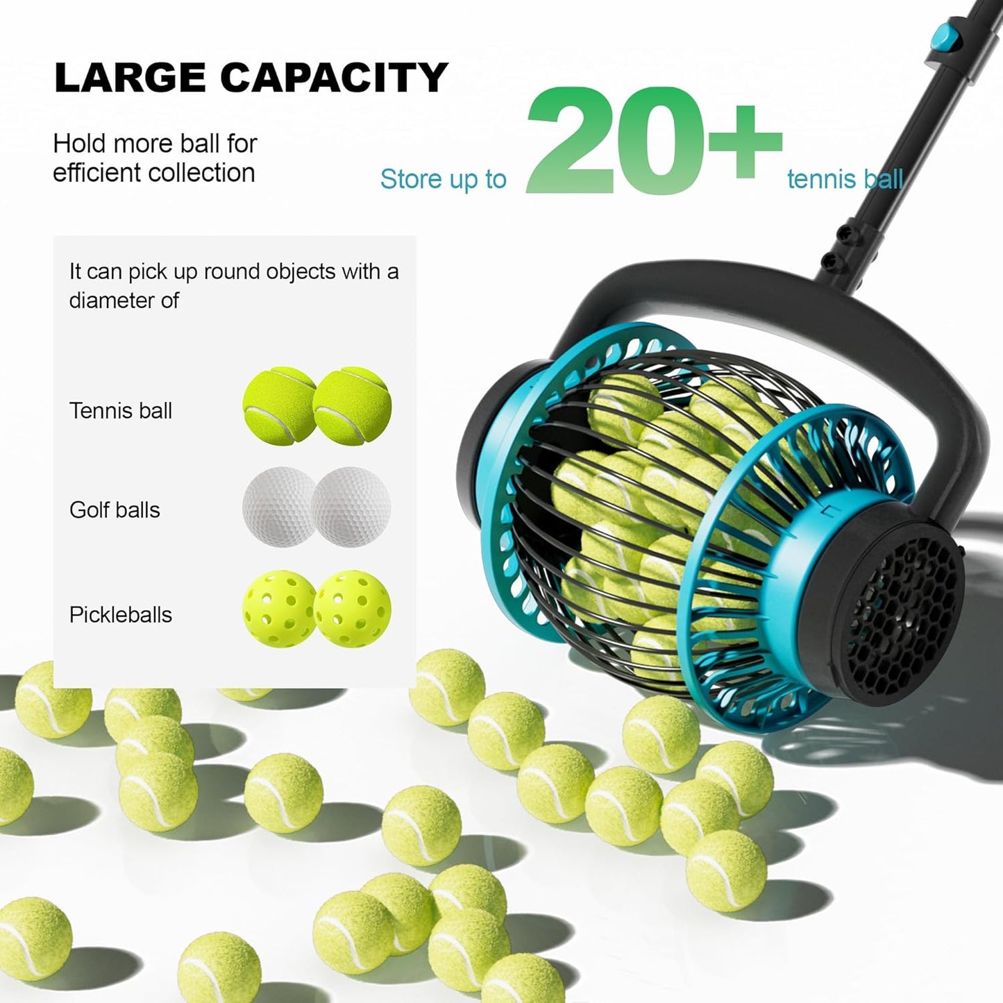 Tennis Ball Collector Roller, No Bending Over Quick Rolling Picker. 2 Ways to get The Ball,Telescopic Tennis Ball Picker for 1.5"-3" Tennis/Golf/, Up to 20+ Tennis Balls