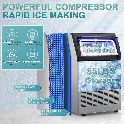 Commercial Ice Maker 260Lbs/24H, Ice Machine 72pcs Ice Cubes, Undercounter Ice Maker Machine with Water Line and Filter, 35 Lbs Storage Ice Bin, Stainless Steel Ice Maker for Home,Shop,Bar