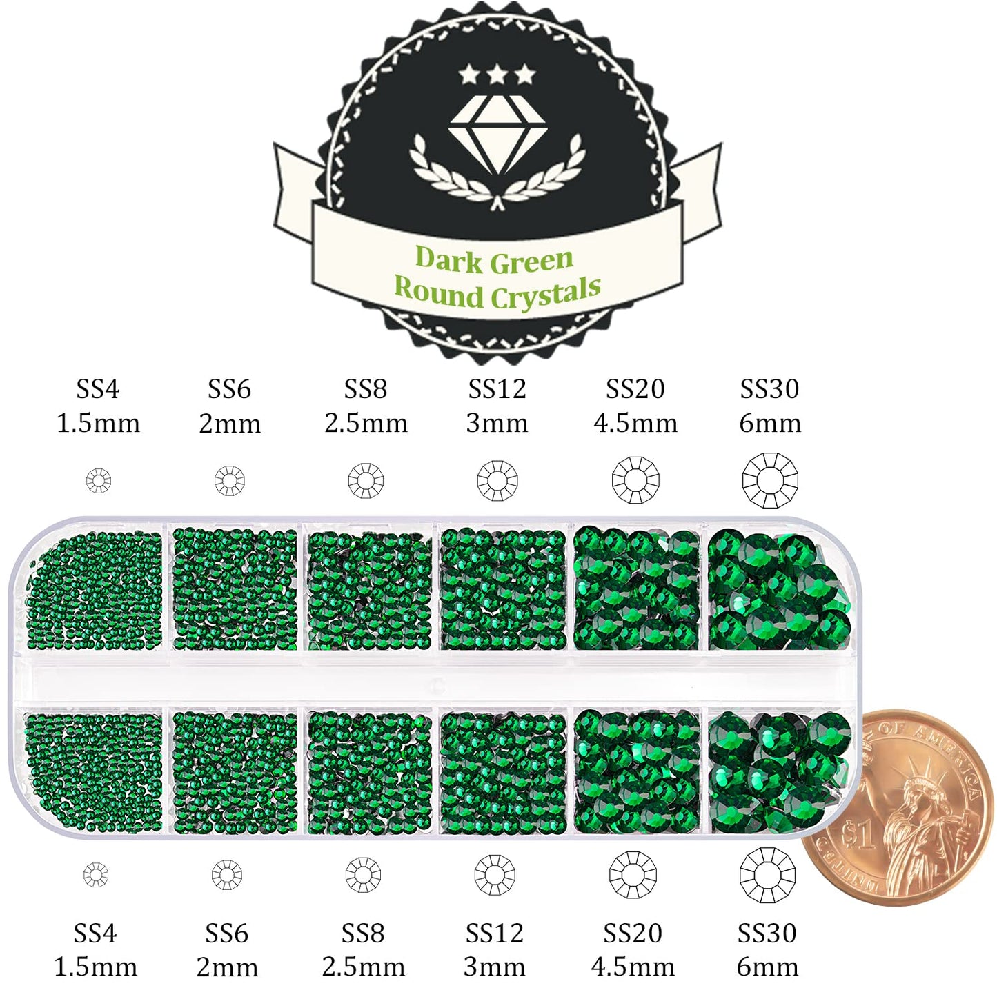 One Pack 2000 Pcs of Flatback Round Dark Green Rhinestones 6 Sizes (1.5-6 mm) with Nail Art Rhinestone Picker Pencil and Tweezer