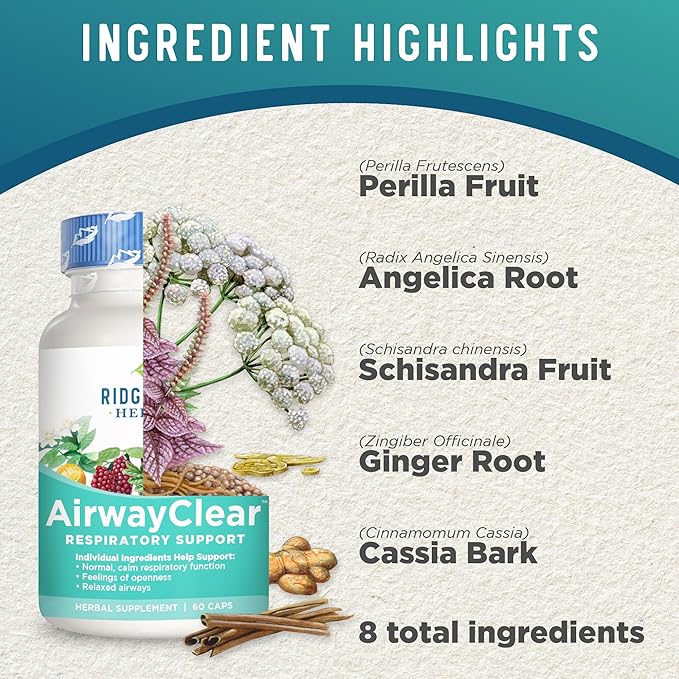Ridgecrest Herbals AirwayClear, Lung Health and Breathing Support Supplements with Schisandra Fruit, Cassia Bark and Ginger Root, Sinus, Mucus Support, Gluten Free (60 Vegan Caps, 30 Serv)