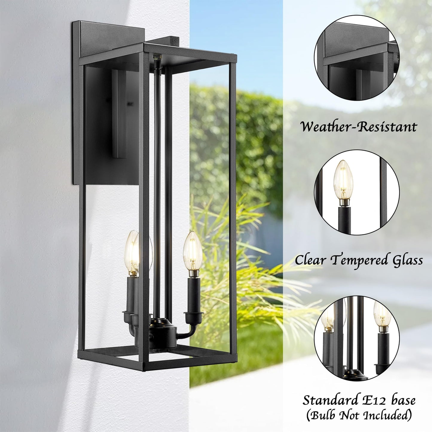 Bestshared Outdoor Wall Lantern, 24in Tall Black Metal Sconce, Clear Glass, Model 4176