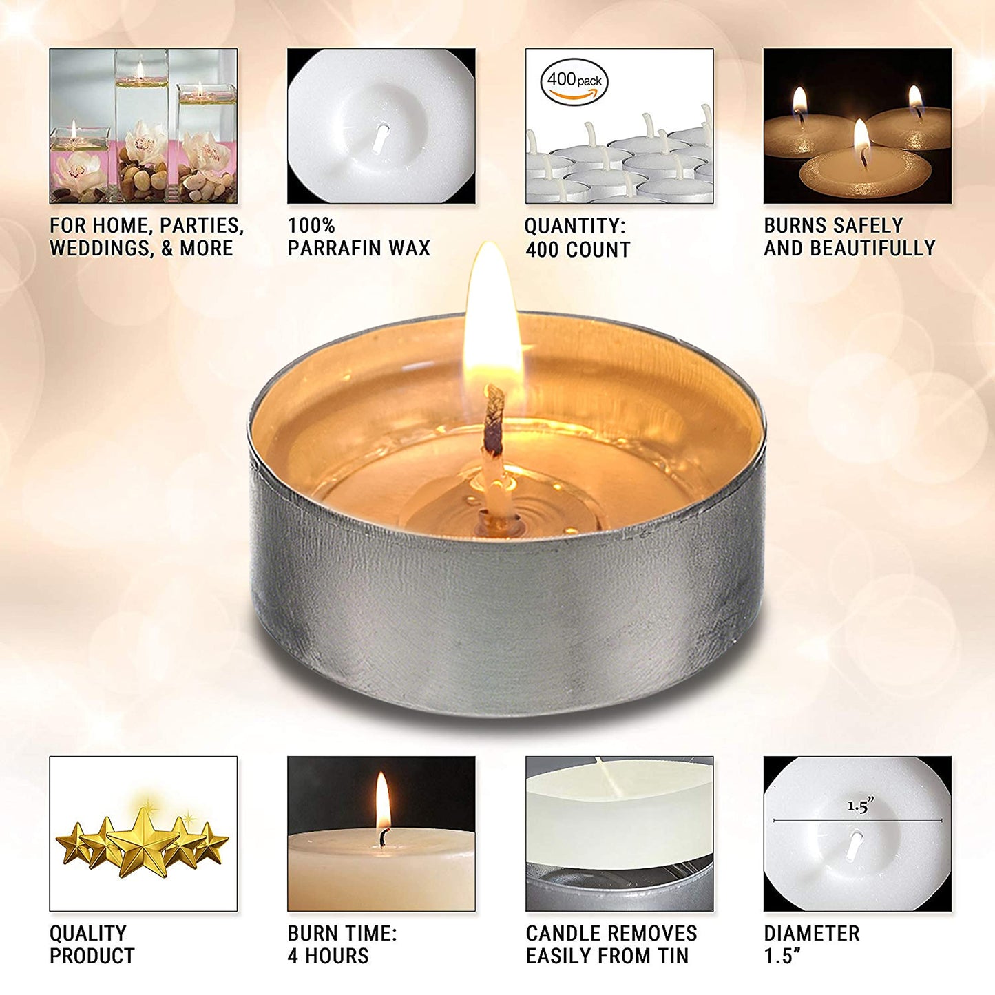 OHR CANDLES Tealight Candles 400 Pack Unscented White Wax 4 Hour Burn Time Model 28088