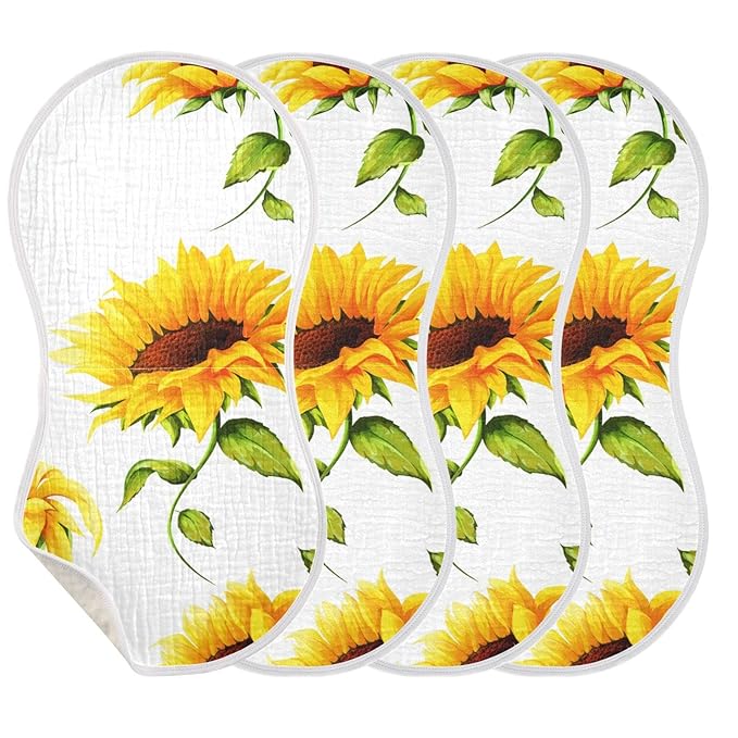 Muslin Baby Burp Cloths Set of 2, Soft Absorbent Big Sunflower Muslin Washcloths, Bibs, Face Towel for Newborn Boys Girls, 22 x 11 Inch
