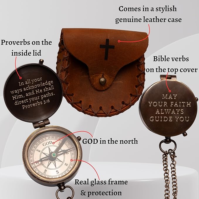 Baptism Gifts for Boys - Engraved Working Handmade Antique Compass with Scripture - Religious, Christian, Catholic, Christening, First Communion, Confirmation Gifts for Teenage Boys and Men