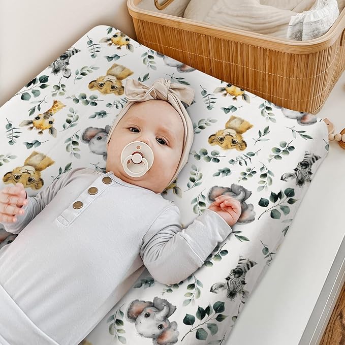 HawSkgFub African Safari Jungle Animals Eucalyptus Leaf Changing Pad Cover Baby Girls Boys, Giraffe Elephant Lion Zebra Diaper Change Table Sheet, Stretchy Safe Snug Fitted Changing Mat 32"/34" x 16"