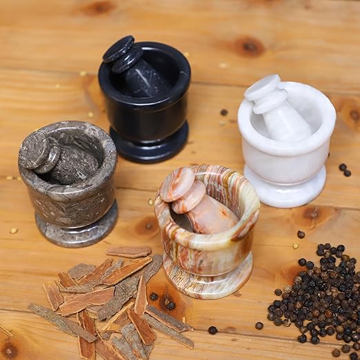Exquisite Marble Mortar and Pestle Set - Your Ultimate Kitchen Essential for Grinding Spices, Making Guacamole, Salsa, Pesto, and Crushing Pills (Oceanic, Oval Shape (2.5"))