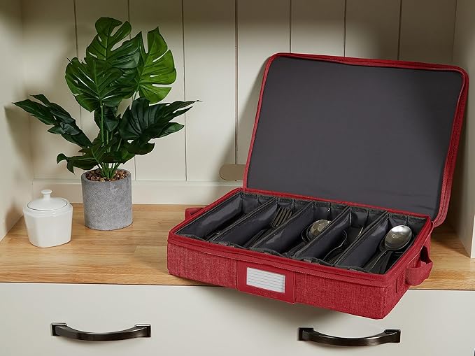 Covermates Keepsakes Flatware Storage Box - Stackable - Reinforced Handles - China Storage, Red Heather