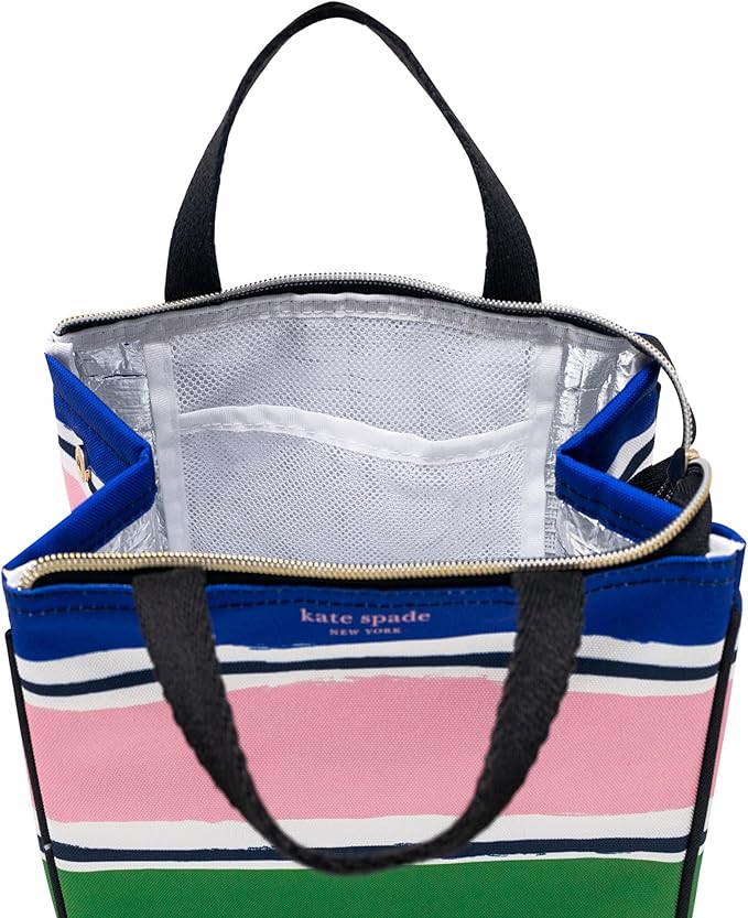 kate spade new york Cute Lunch Bag for Women, Large Capacity Lunch Tote, Adult Lunch Box with Silver Thermal Insulated Interior Lining and Storage Pocket, Ocean Stripe