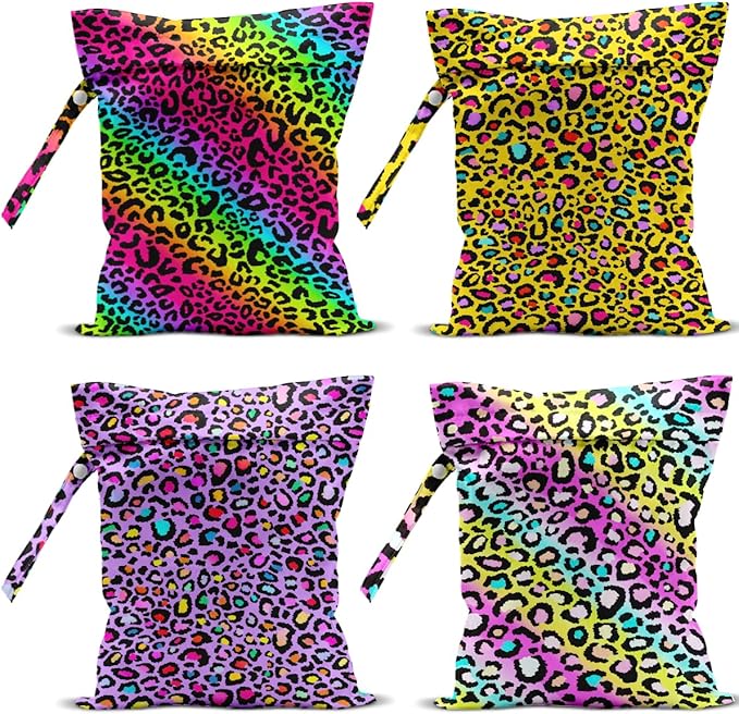4 Pack Colorful Rainbow Neon Leopard Wet Bag Waterproof Washable Reusable Wet Dry Bag for Swimsuit Clothes Cloth Diaper Travel Beach Pool Gym Toiletries Gift for Women Mama Sister Christmas Birthday