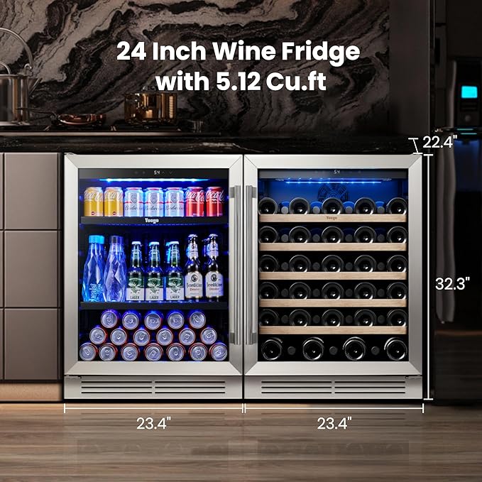 Yeego 48 inch Wine & Beverage Fridge Combo - Wine Cooler with Glass Doors, Hold 47 Bottles and 180 Cans, Built-in, Under Counter & Freestanding, Ideal for Bars, Offices, Restaurants
