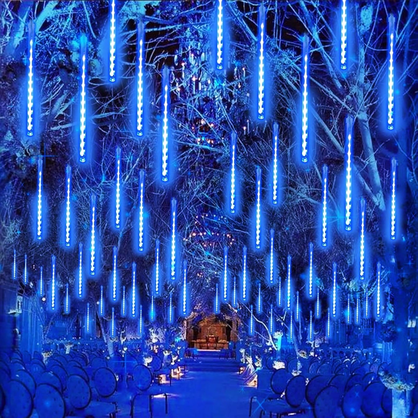EXF Solar Meteor Shower Lights, 16 Tubes 384LED, Waterproof Icicle String Light, 1 Pack, Blue, Model MSL-01