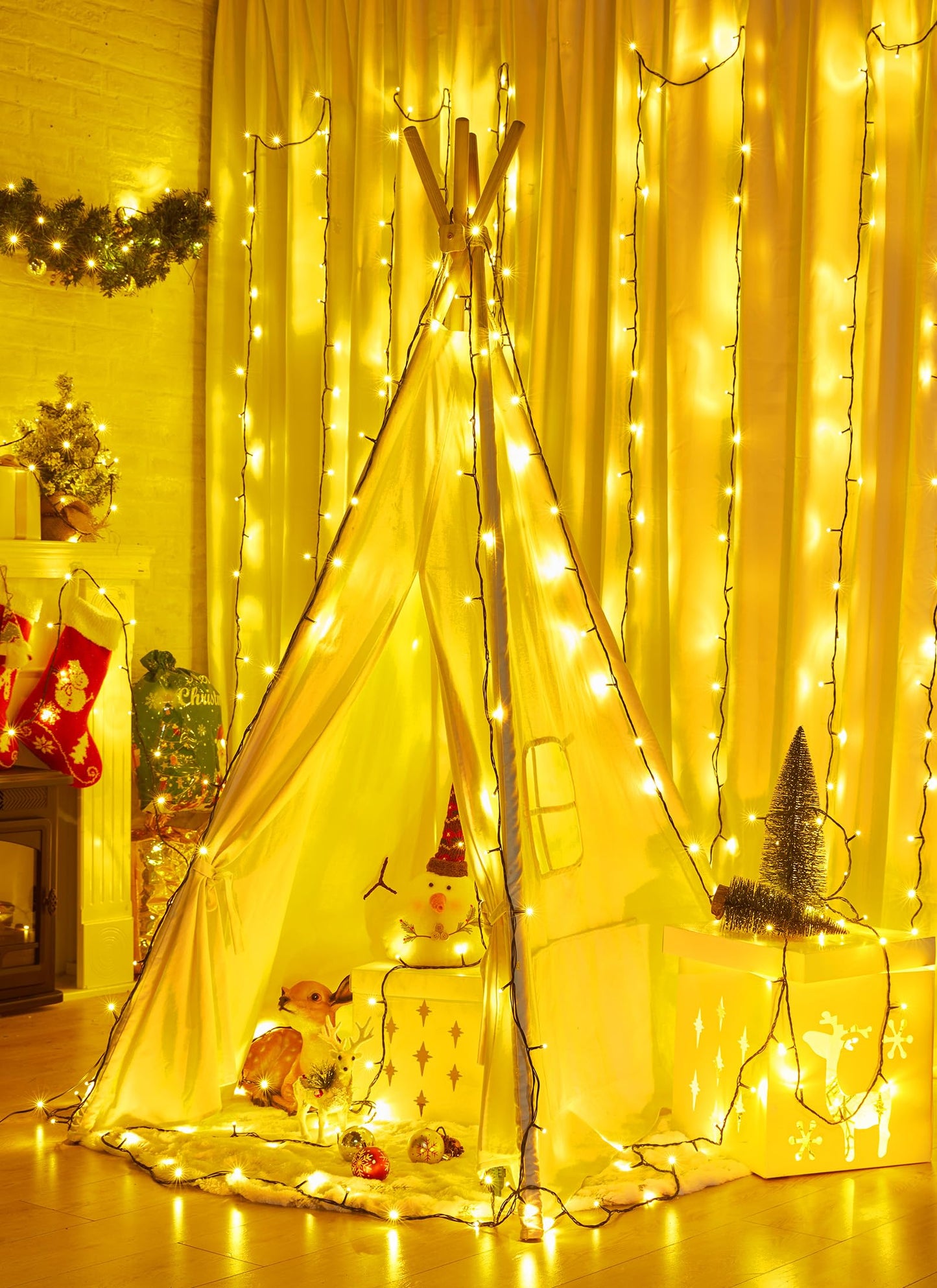 Minetom 66FT 200 LED Christmas Tree Lights, Warm White Twinkle Fairy String Lights, 8 Flashing Modes, Green Wire
