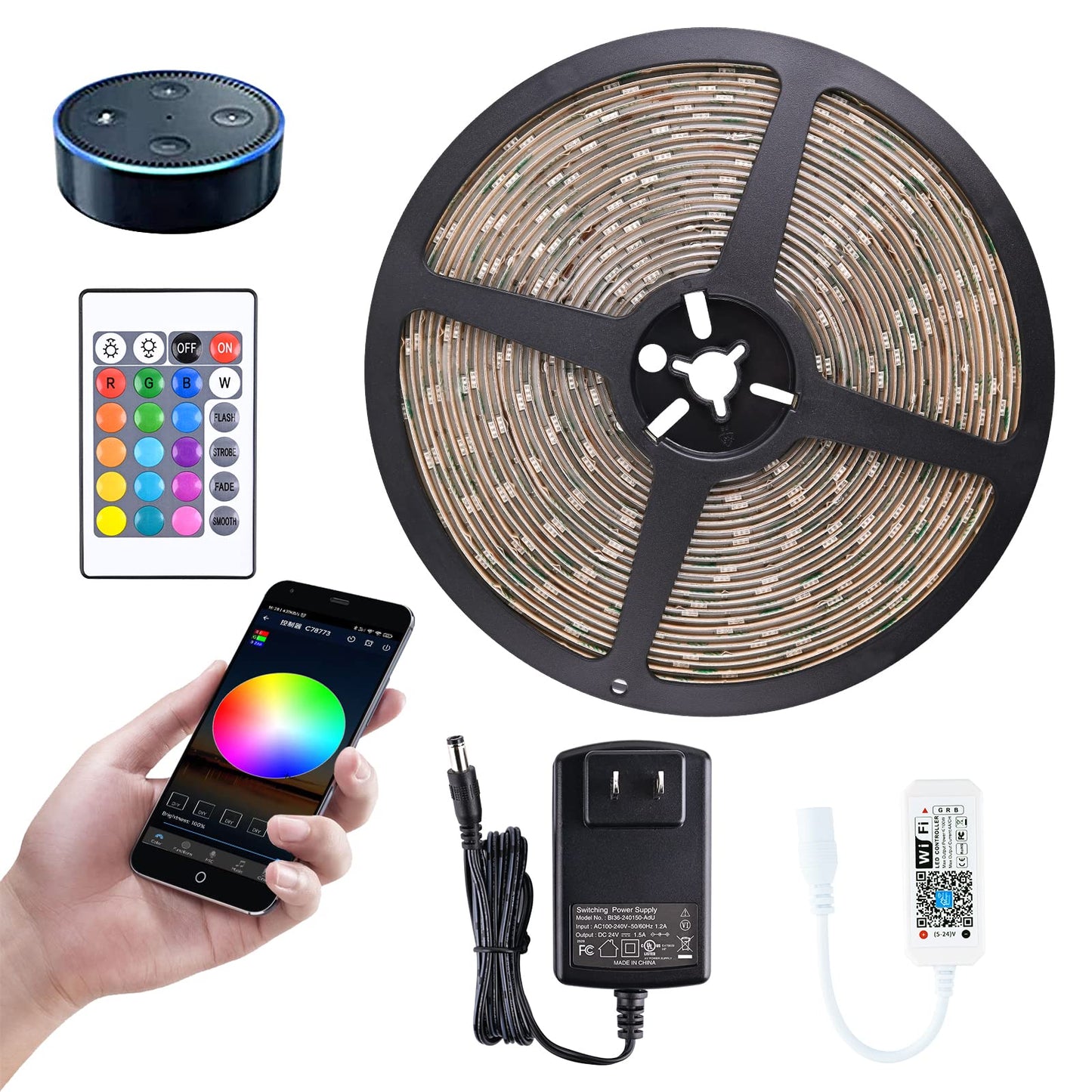 MIHEAL LED Light Strip Kit, 32.8ft Waterproof, WiFi Controlled, 300 LEDs, Compatible with Alexa, Android, iOS, Model ZJ-BWCG-RGB-R