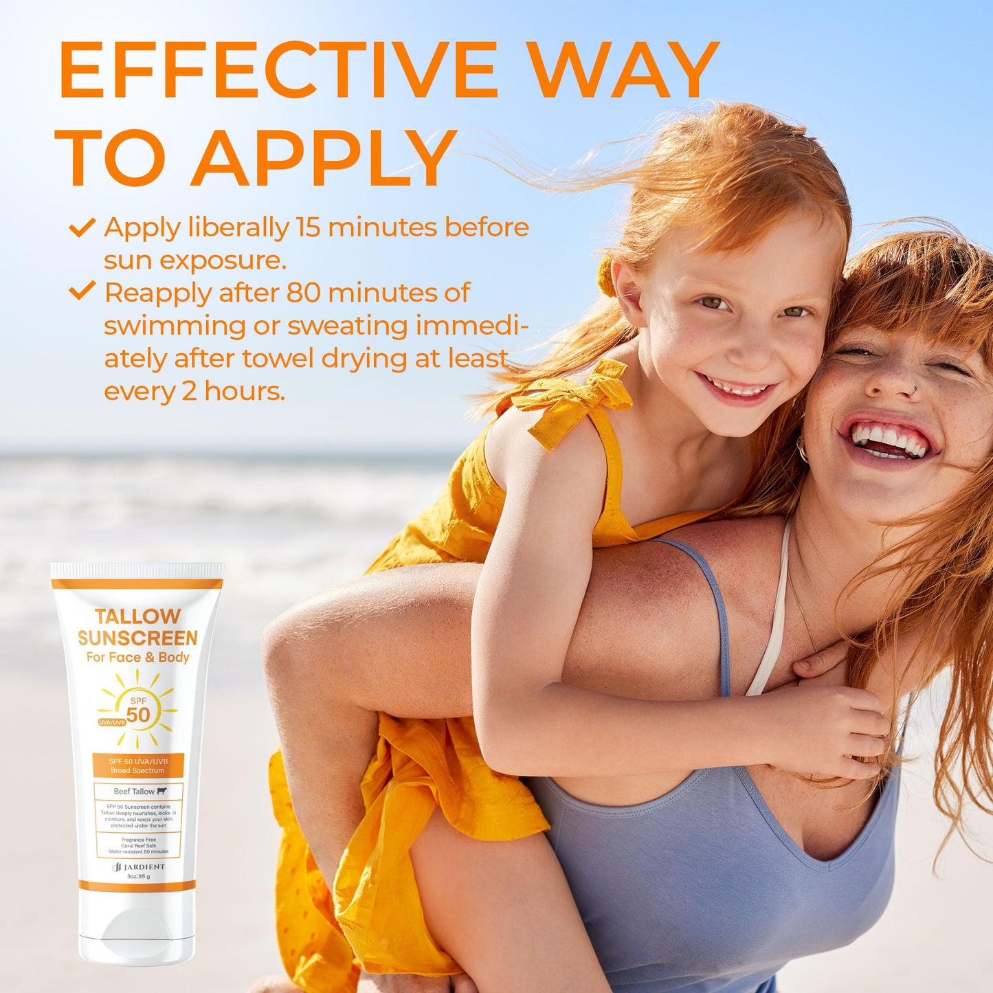 Beef Tallow Sunscreen with Mineral SPF 50 3oz : Instant Sun Protection Non Nano Zinc Oxide Sunblock- Non Greasy Formula- Beach J
