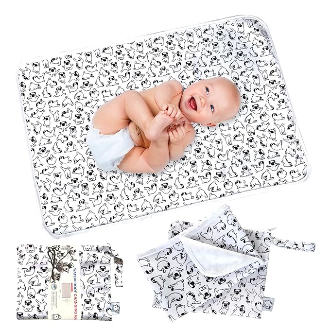 Flockthree Waterproof Baby Diaper Changing Pad with Storage Bag (28.7" X 19.7") Washable Wipeable Reusable Leak Proof Diaper Travel Mat Station Changing Mattress Liner Cribs Bed Cover, Dogs