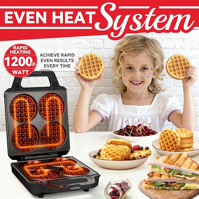 2 in 1 Mini Waffle Maker with Removable Plates, Panini Press Sandwich Maker, Sandwich Press, Waflera Electrica, Sandwichera Electrica, 4 X 4 Inch Classic Waffle Maker for Kids, Graphite