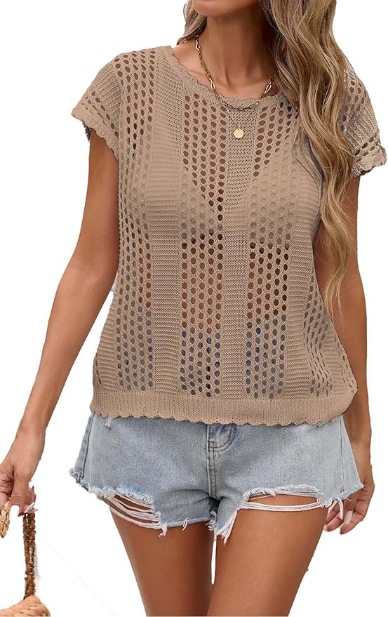 BreathSunny Womens Crochet Knit Swimsuit Coverup Beach Vest Summer 2025 Crew Neck Hollow Out Bathing Suit Cover Up Tank Top