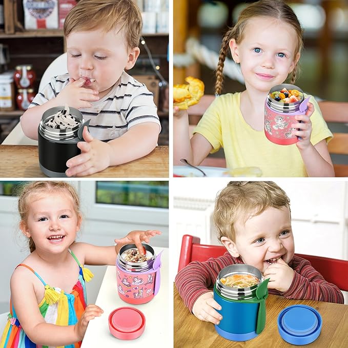Kids' Lunch Insulated Food Jar with Spoon - 10oz Stainless Steel, Leak Proof, Wide Mouth, Hot Food Thermo for School (Pink, Unique Horse)