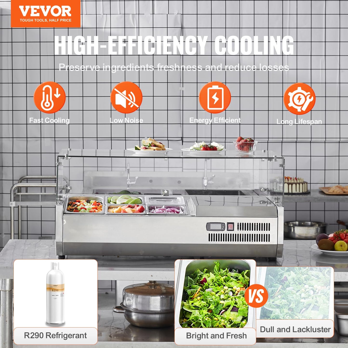 Vevor, 130 W Countertop Refrigerated Condiment Station, With 1 1/3 4 1/6 Pans, 304 Stainless Body And Pc Lid, Sandwich Prep Tabl