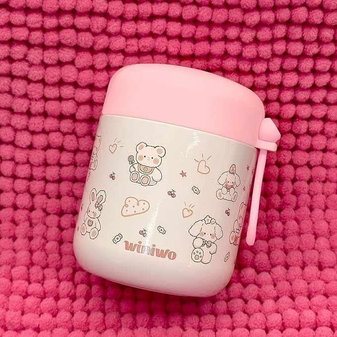 12oz Insulated Food Jar for Kids, Easy Carry, Wide Mouth, Thermos for Hot Food, Soup, Salad, Sandwich, School Lunches (Pink-Rabbit)