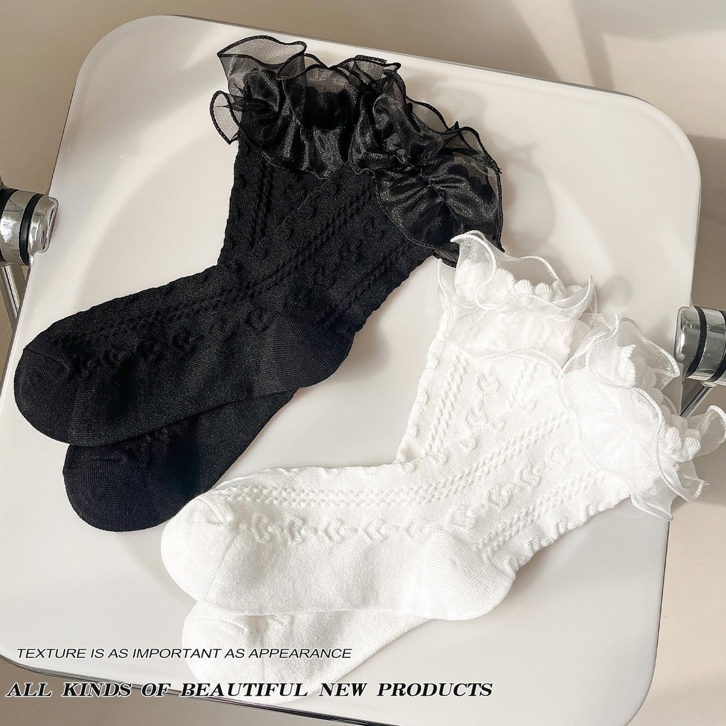 AMHRLINGTO Women Lace Socks Ruffle Frilly Socks - Comfortable Cotton Cute Socks Princess Lolita for Ladies Gril (US, Numeric, 5, 8, Regular, Regular, White - 3 pairs)