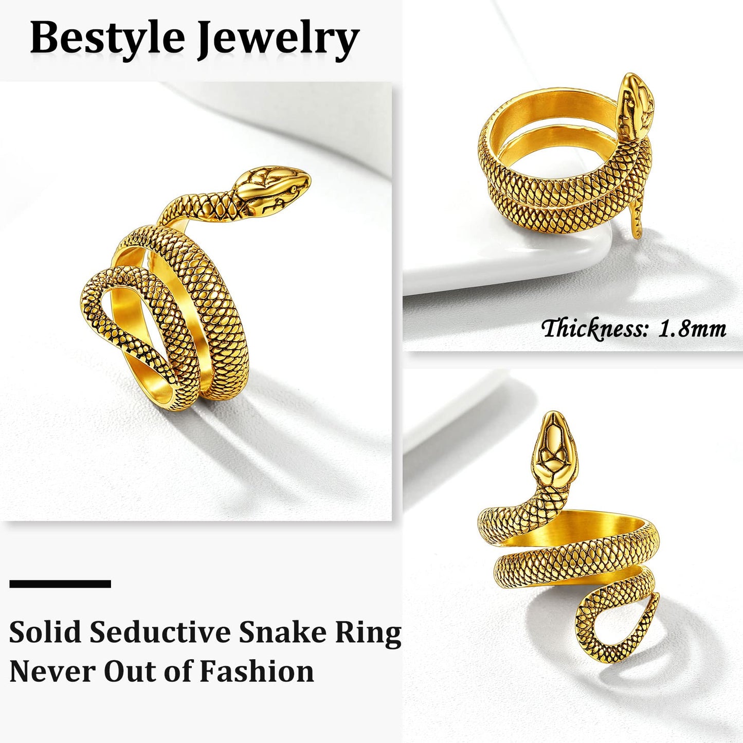 Bestyle Vintage 18K Gold Plated Snake Ring for Women Men Adjustable Cool Rings Snake Jewelry Gothic Punk Finger Rings Fashion Ha
