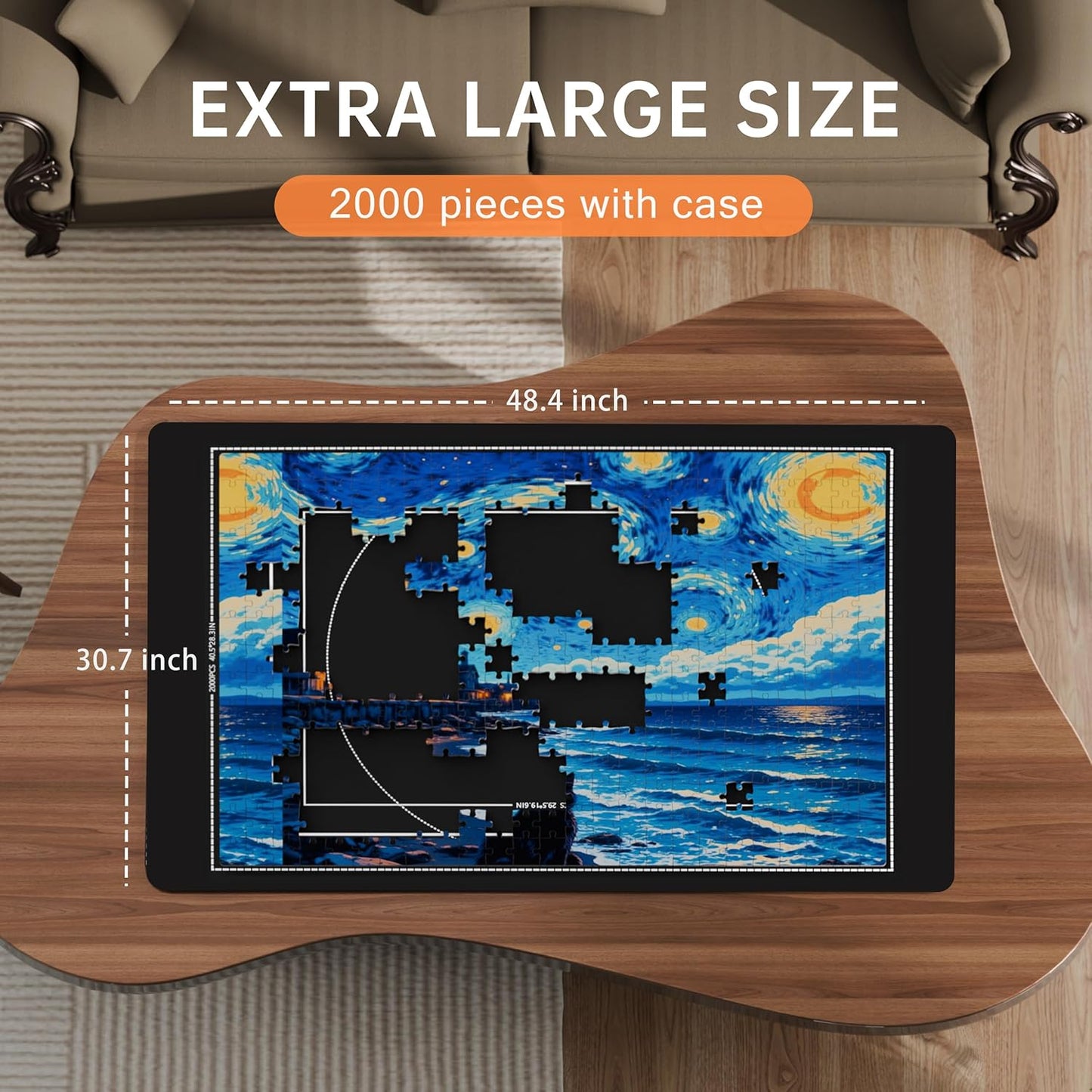 Lwoeo Jigsaw Puzzle Mat Roll Up 2000 Pieces, Black 48.4” x 30.7” Smooth Top Saver Pad, Large Puzzel Matt Rollup with 6 Sorting Trays & Travel Storage Bag for Sorting Table, Board, Puzzles Mats