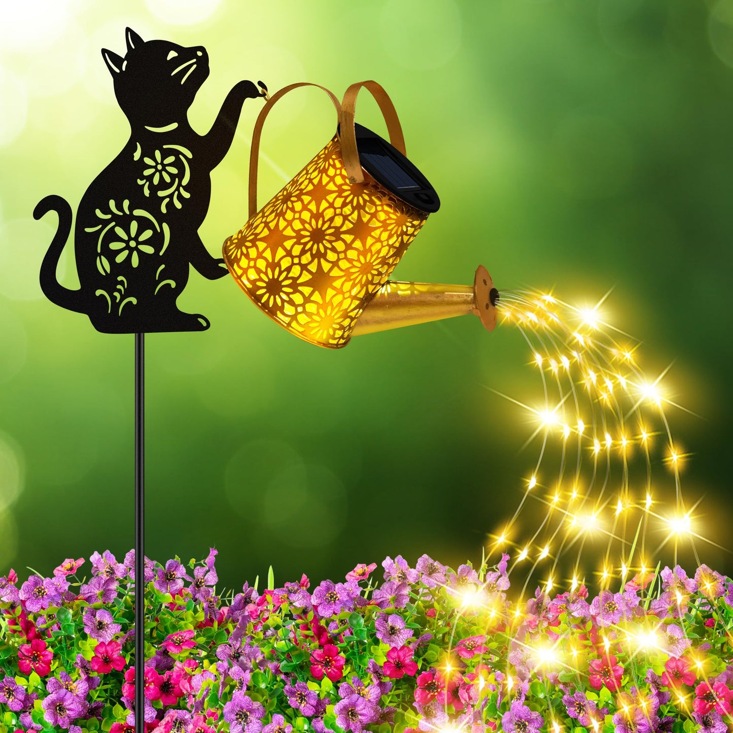 Solar Lights Outdoor Decorative  Watering Can With Cascading Lights  With Cat Silhouette Garden Stakes  Waterproof Metal Garden Decor For Yard Art  Outside  Patio  Lawn Ornaments