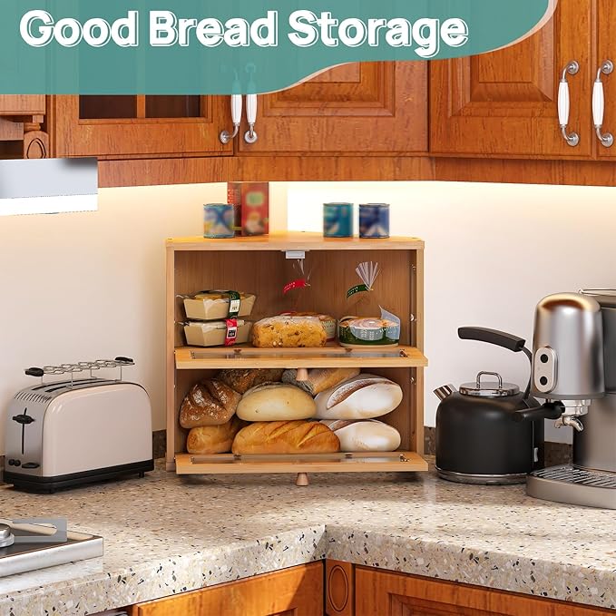 Corner Bread Box for Kitchen Countertop, 2 Tier Corner Bread Box, Bamboo Wood Large Capacity Bread Storage Bin with Acrylic Wavy Door Panel