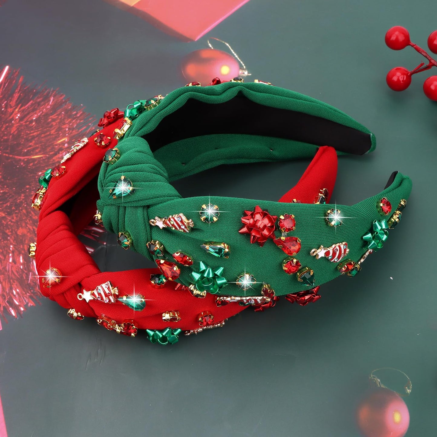 YARIEW Christmas Headbands for Women Christmas Tree Red Green Xmas Bow Jeweled Crystal Xmas Head Band Hair Accessories Holiday D