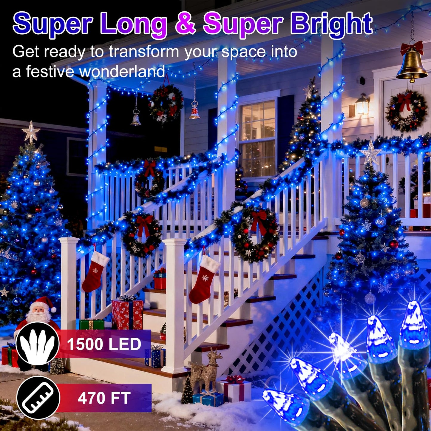 1500 Led 470Ft Christmas String Lights Outdoor  12 Pro Modes And Timer Memory & Brightness  Plug In Waterproof Dark Green Wire Twinkle Light For For Xmas Yard Tree Wedding Party Decor (Blue)