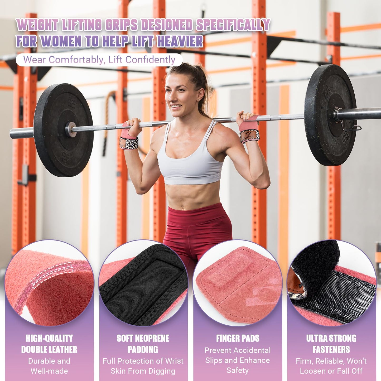 Weight Lifting Wrist Straps for Women, Adjustable Neoprene Padded Hand Grips Pro for Weightlifting, Double Layer Leather Gym Accessories Workout Straps for Deadlift, Crossfit & Pull up (Pair)