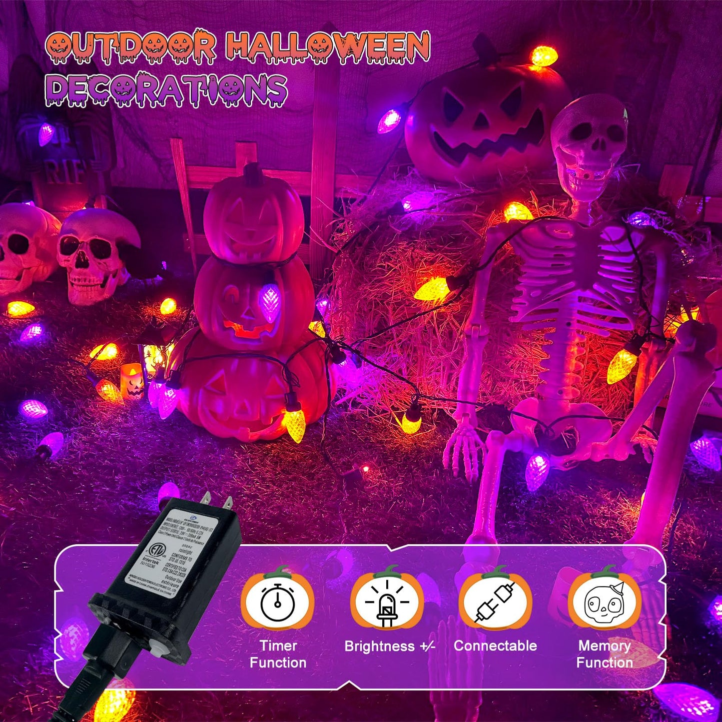 LORRYTE 2PK C9 Halloween Lights 100 LED Purple and Orange, 98FT Extendable String Lights with 13 Modes & Timer, Waterproof