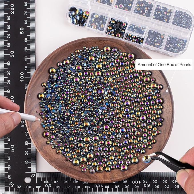 4000PCS Flatback Rhinestones and Half Round Pearls Kit #20, Multi Size Glass Clear Crystals, Plastic Flat Back Black AB Dome Bead with Pickup Pencil and Tweezer for Nail Art