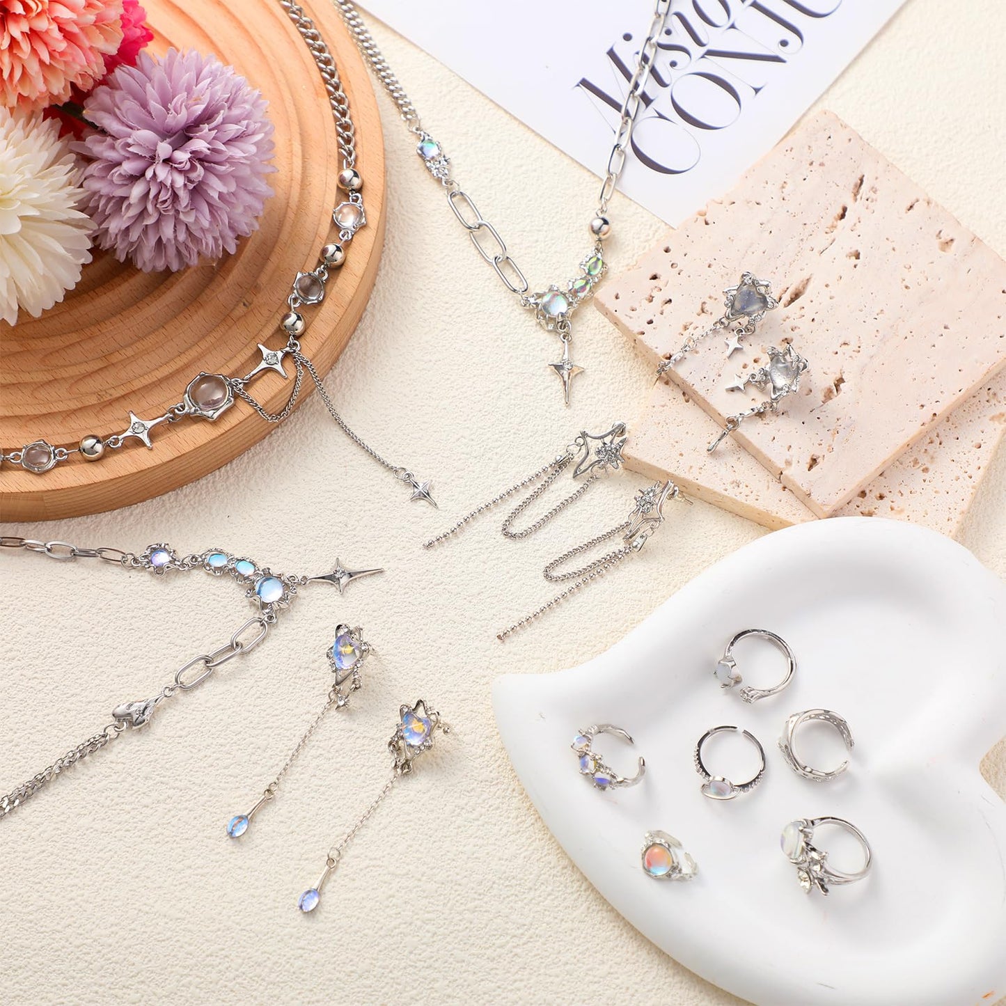 Tondiamo 12 Pcs Y2k Necklace Jewelry Set Y2k Star Moonstone Accessories Irregular Pendant Earrings Dangling Silver Rings Aesthetic Crystal Jewelry Gifts Indie Punk Rings Adjustable for Women
