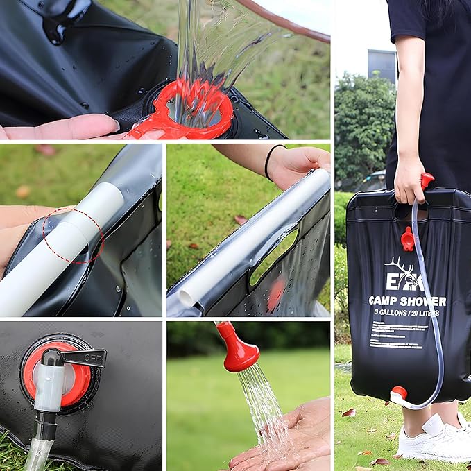 ELK Solar Heated Portable Shower Bag with Removable Hose - Ideal for Camping, Hiking, and Travel - 5 Gallon Capacity for Multiple Showers