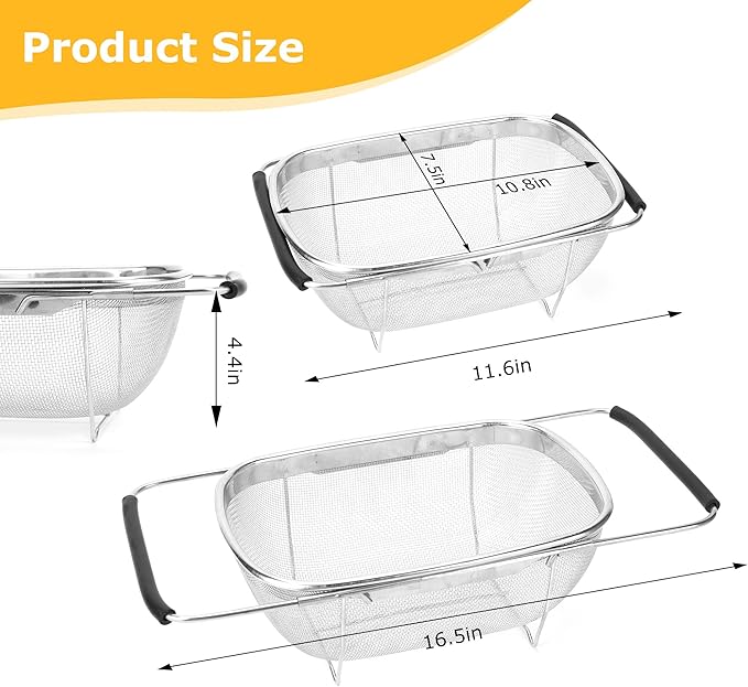 ZDRongZhen Kitchen Accessories Over the Sink Colander Strainer Basket，Stainless Steel Colander with Expandable Rubber Grip Sink Drainer-Rinse Vegetables Fruits &Strain&Drain (Medium-Fine mesh)