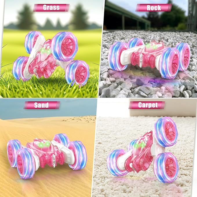 Pink Remote Control Car for Girls Rechargeable Fast Direct Charging RC Cars For Kids with Colorful Light,Double-Sided 360° Rotating Stunt Car 4WD RC Truck Toys for Ages 5-7 Gift for Girls Aged 6-12