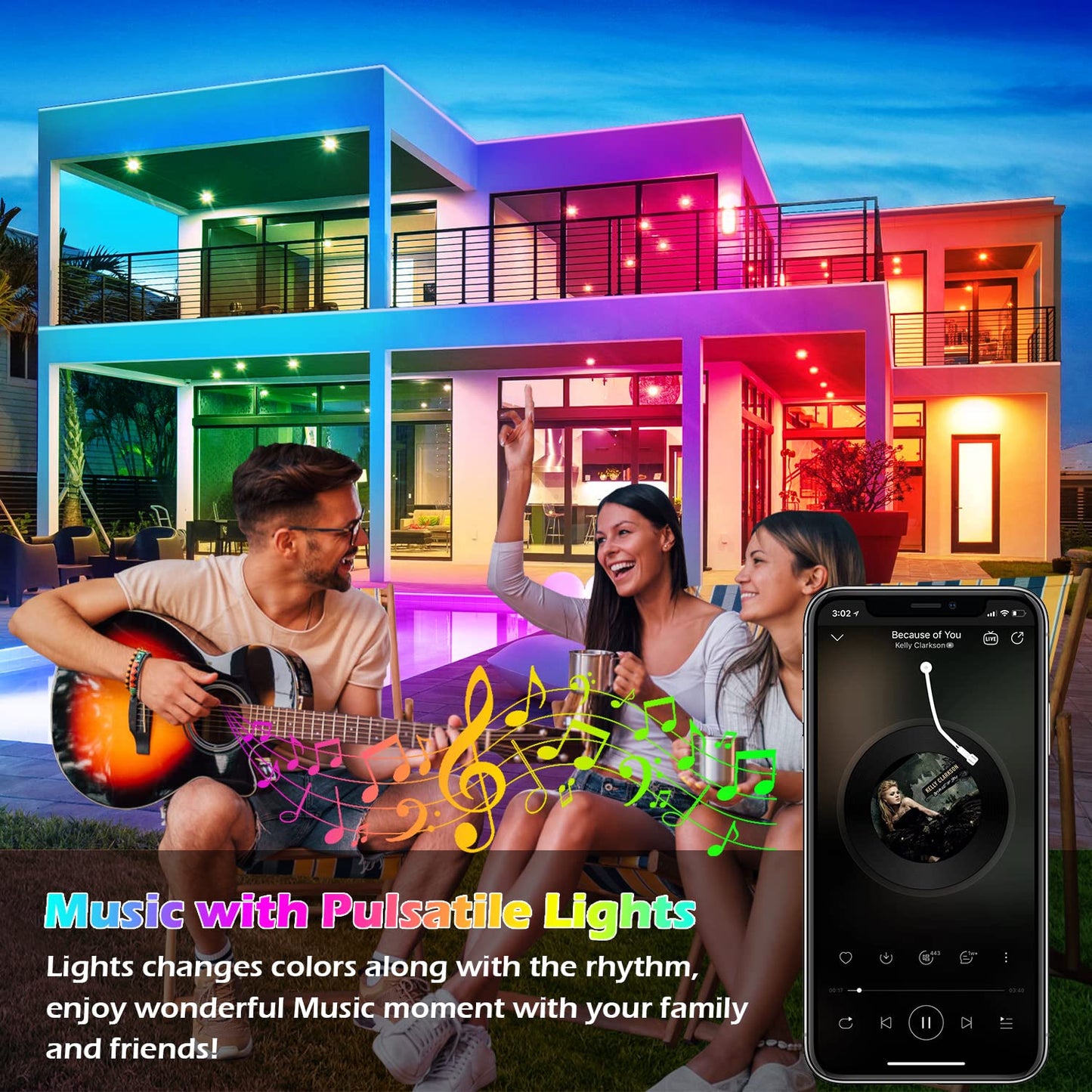 Aulimhti 100FT Outdoor LED Strip Lights, Waterproof RGB, Music Sync, Remote & App Control, Ideal for Deck, Garden, Pool
