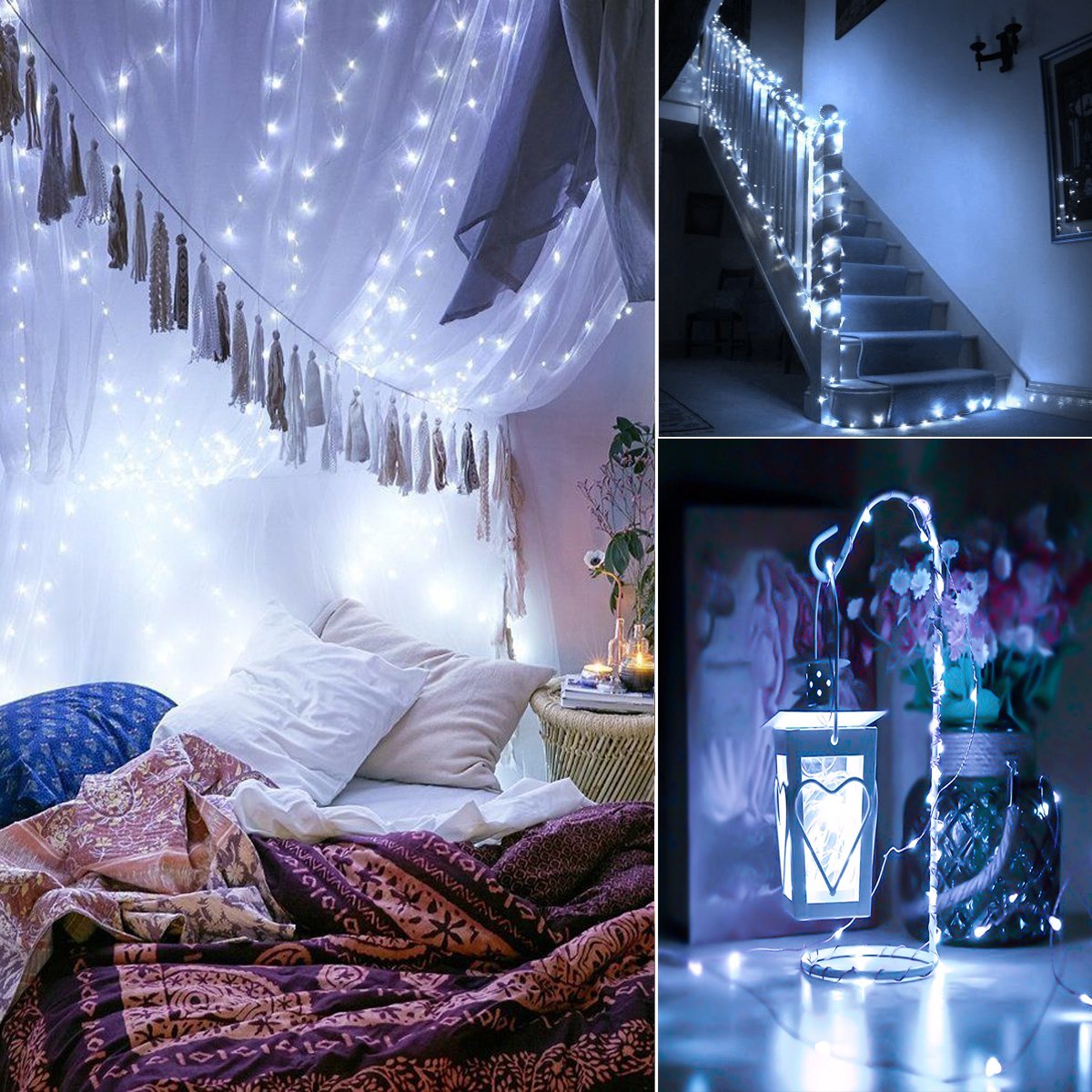 Bxroiu Fairy Lights - 50 Leds, 16Ft Silver Wire, 8 Modes, Remote Control, Battery Operated, Cool White For Bedroom & Party Decor