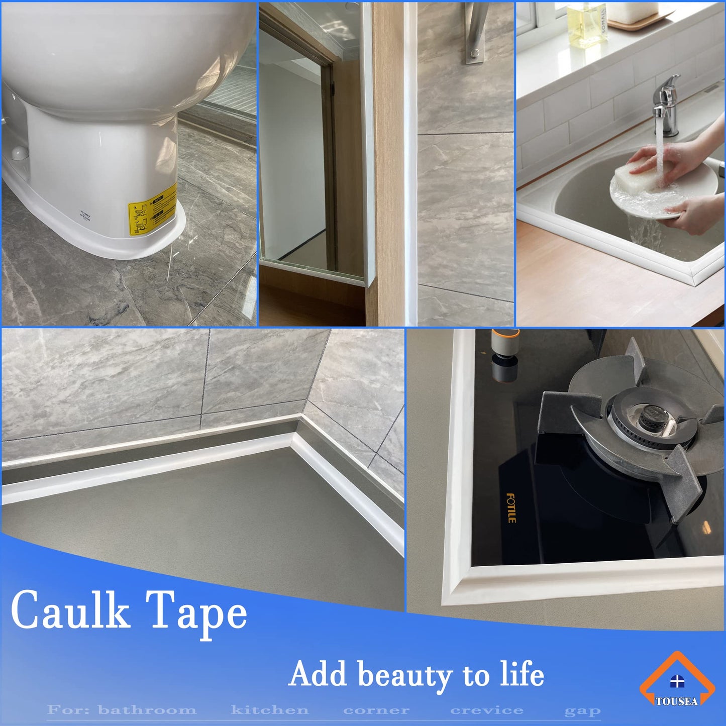 TOUSEA Waterproof Sealing Caulk Tape, Self Adhesive Sealant Strip for Bathroom, Toilet, Kitchen Countertop, Toilet, White