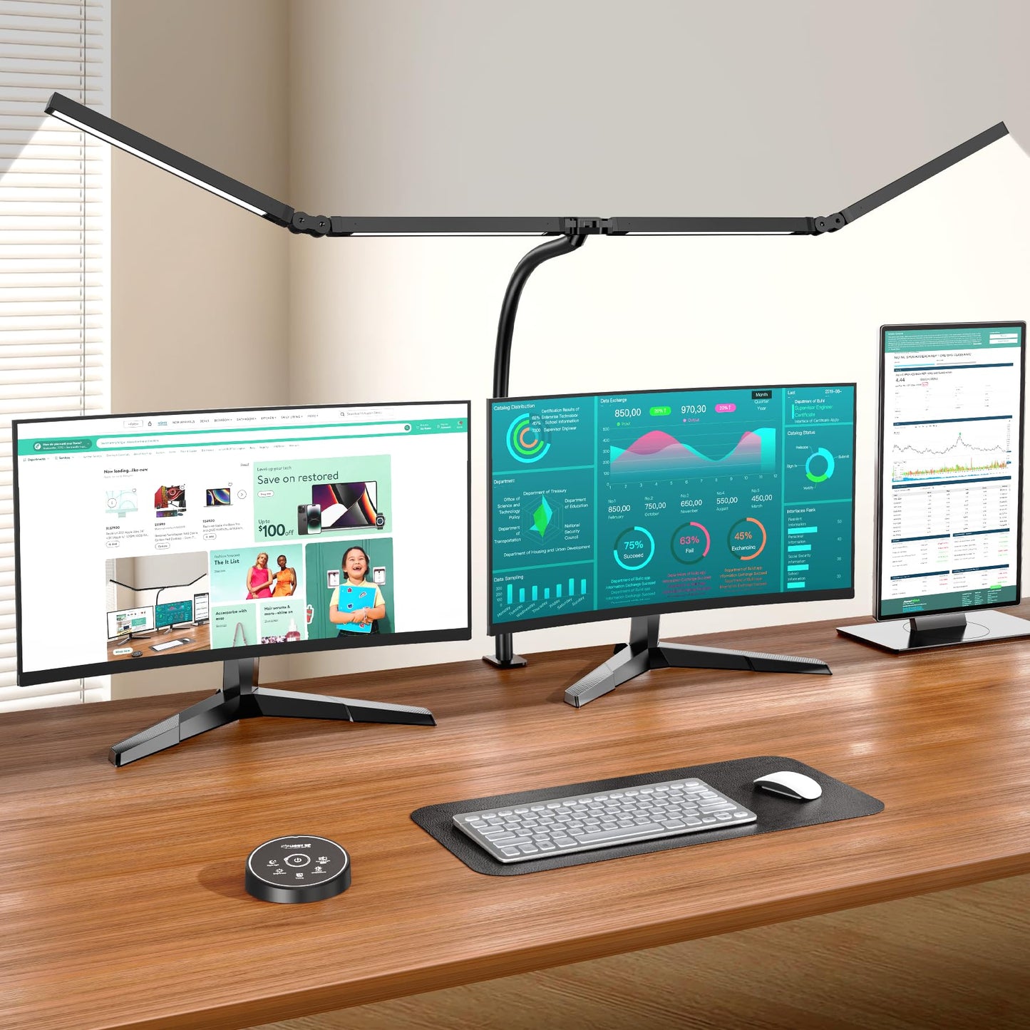 Pzloz LED Desk Lamp - Eye-Caring Architect Light with Clamp, Double Head, Remote Control, 24W, Black Plus, Model SYJ-012