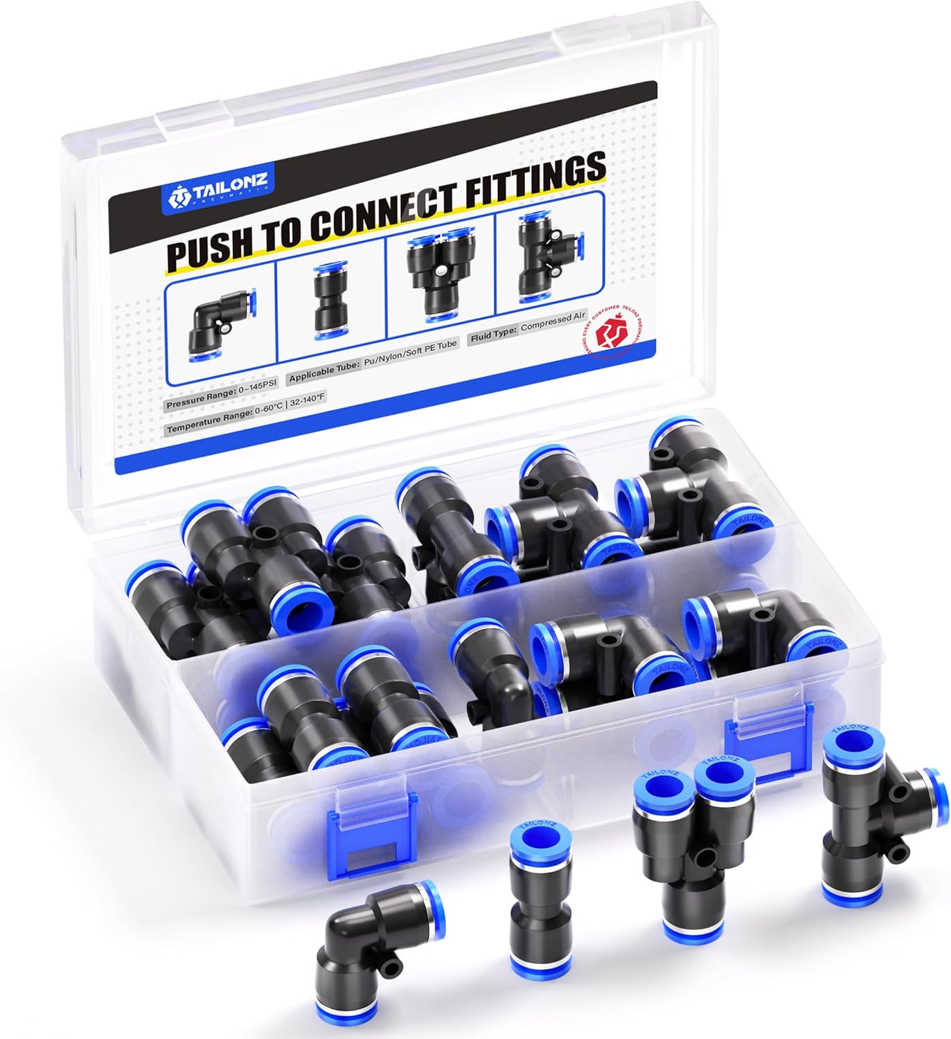 TAILONZ PNEUMATIC 10mm od Push to Connect Fittings Pneumatic Fittings Kit 5 Spliters+5 Elbows+5 tee+5 Straight (20 pcs)