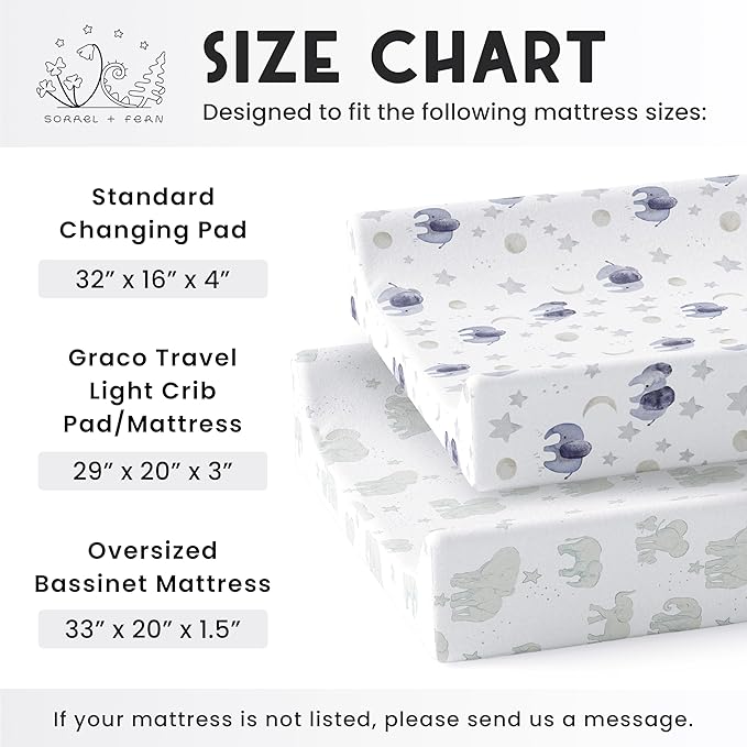 Sorrel + Fern Baby Changing Pad Cover 2-Pack for Boys, Girls (Watercolor Elephant) - Premium Fitted Sheets Baby Diaper Changing Table Cover - Buttery Soft Cotton Blend