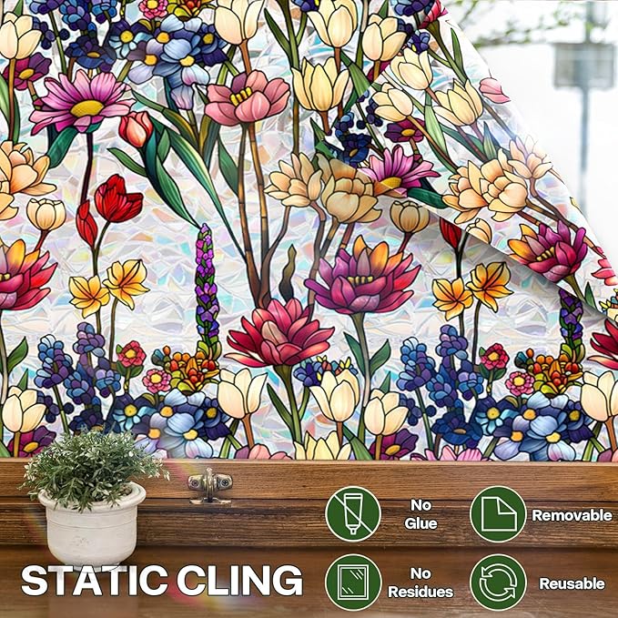 Stained Glass Window Film UV Resistant Window Privacy Film Colorful Flowers Privacy Rainbow Decals Living Room Bedroom Sun Blocking Decor Removable Static Cling Stickers 17 x 39.37 Inch