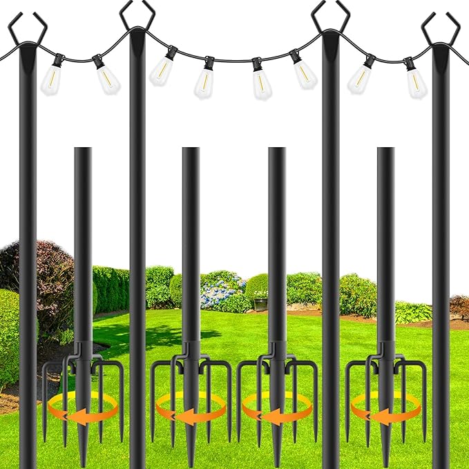 zoegi 4 Pack 10Ft String Light Poles,Light Poles for Outside Lights with Fork,Outdoor Brackets Hanging Lights,Metal Stand ...
