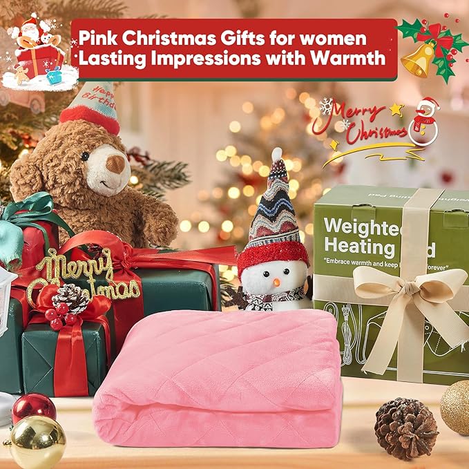Pink Weighted Heating Pad for Neck Shoulders and Back, Valentines Day Gifts for Her Women Girlfriends, Birthday Gifts for Teen Girls Women, Electric Heated Blanket with 9 Heat Options 4 Auto-Off Timer